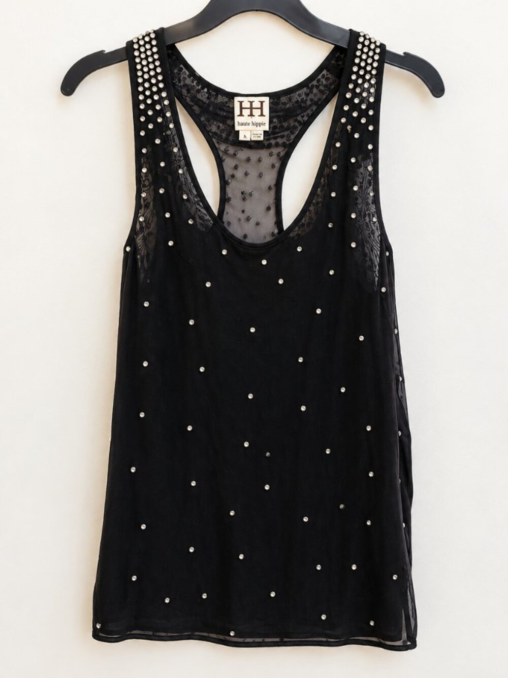 Haute Hippie Black Sheer Silk Silver Embellished Racerback Tank Top S